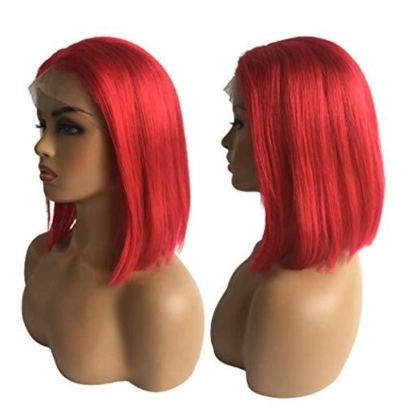 13x4x1 Red Straight Short Bob Human Hair Lace Front Wigs - Picture 3 of 6